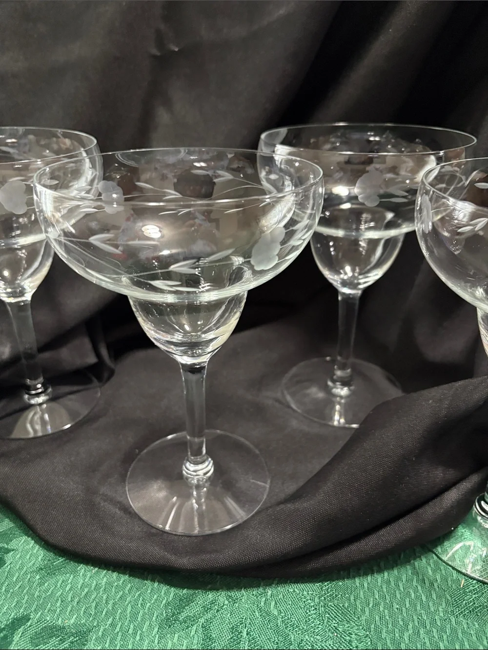 Princess House Heritage crystal margarita glasses featuring an etched floral